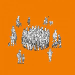 Eine grafische Darstellung einer diversen Gruppe von Menschen auf orangefarbenem Hintergrund. Die Gruppe besteht aus verschiedenen Personen, darunter Kinder, Erwachsene, eine Person im Rollstuhl, und sogar ein Hund. Die Personen sind in Schwarz-Weiß gezeichnet und stehen in einer kreisförmigen Anordnung, was Gemeinschaft und Vielfalt symbolisiert.