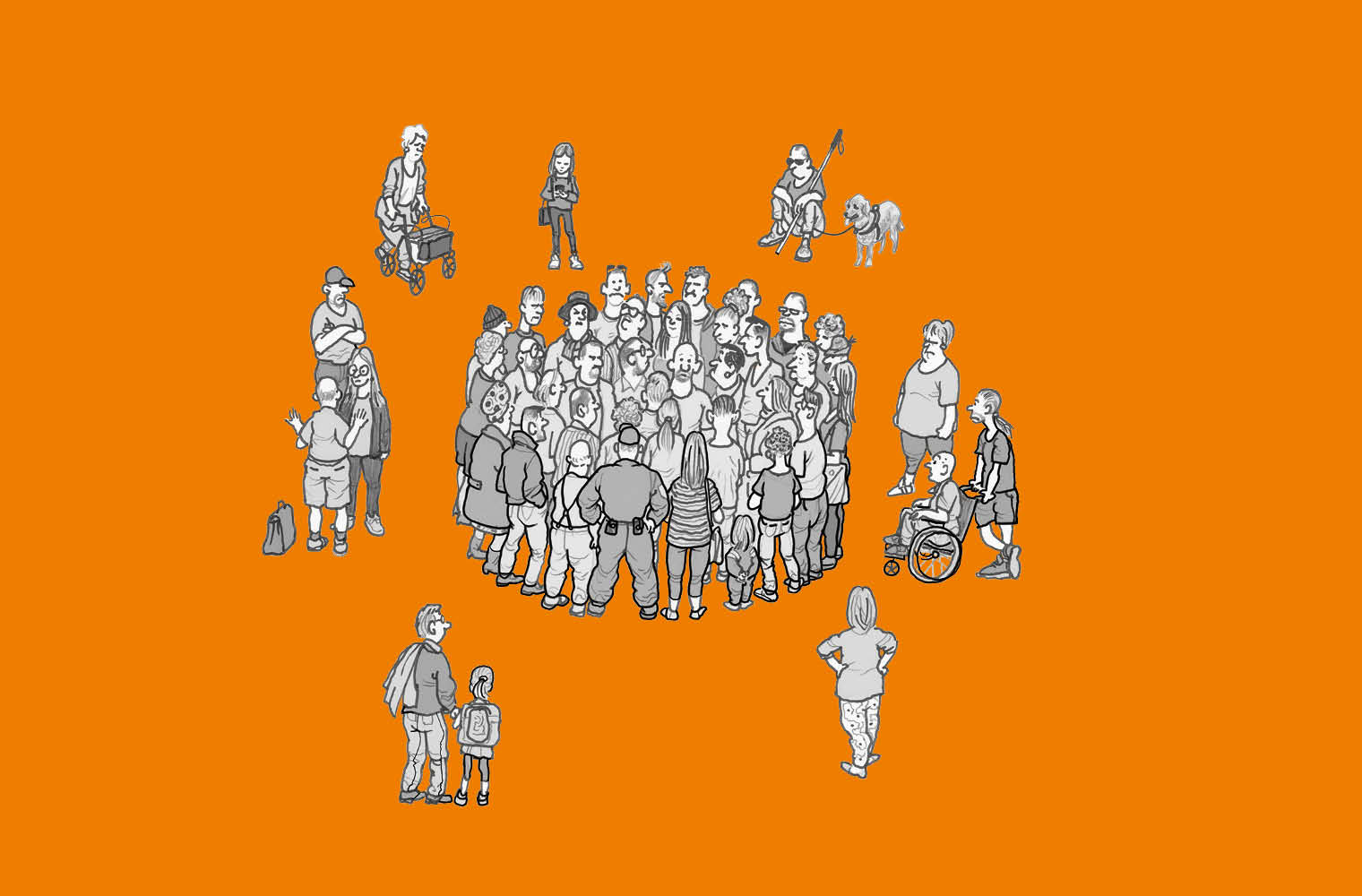 Eine grafische Darstellung einer diversen Gruppe von Menschen auf orangefarbenem Hintergrund. Die Gruppe besteht aus verschiedenen Personen, darunter sind Kinder, Erwachsene, eine Person im Rollstuhl, und sogar ein Hund. Die Personen sind in Schwarz-Weiß gezeichnet und stehen in einer kreisförmigen Anordnung.