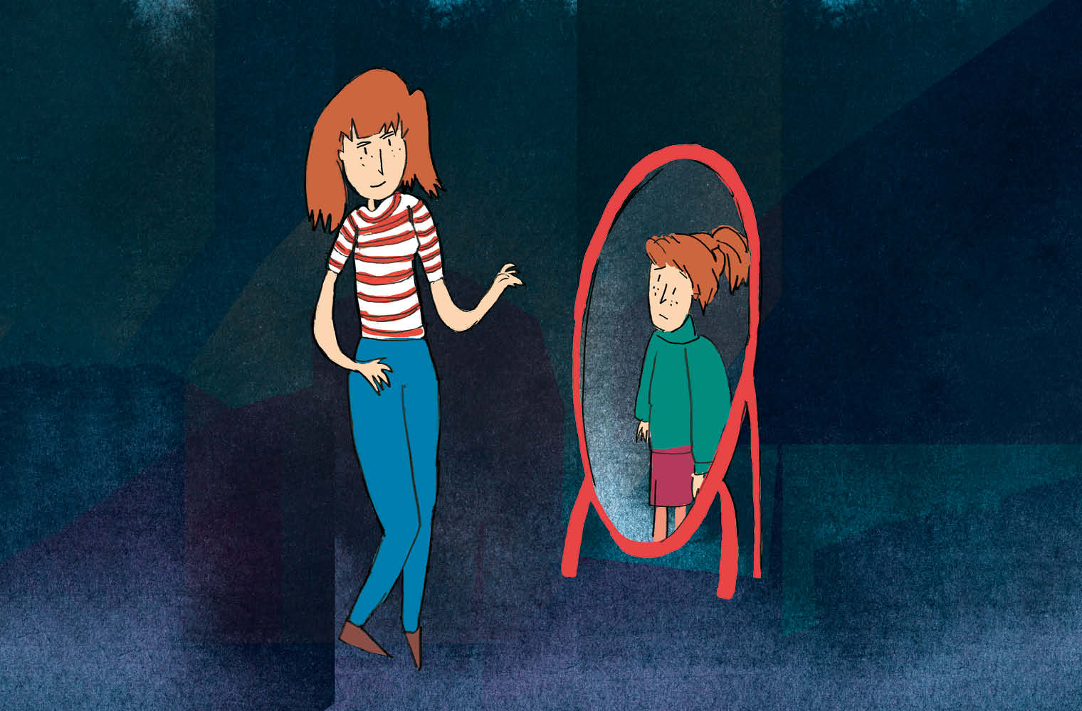 Eine junge Frau mit roten Haaren und gestreiftem Top lächelt neben einem Spiegel, der ein trauriges Mädchen zeigt. Die beiden Figuren haben ähnliches Aussehen, aber unterschiedliche Emotionen. Dunkelblaue Töne im Hintergrund schaffen eine ernste Stimmung.