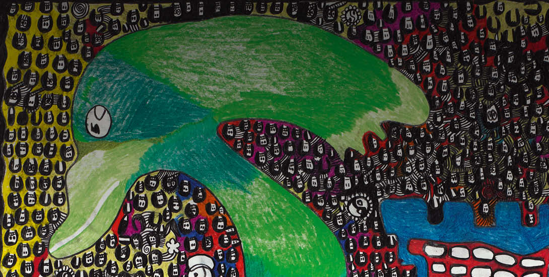 Das Bild zeigt eine bunte Mischung aus Figuren, Bauten, Geräten und Köpfen, im Zentrum befindet sich eine grüne, übergroße Figur mit Schnabel und g...