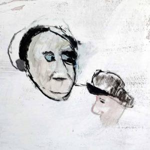 Das Gemälde zeigt mittig die einander zugewandten Köpfe eines Mannes und eines Kindes vor weißem Hintergrund.
