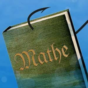 Die Grafik von Eva Gugg zeigt ein Mathematiklehrbuch an einer Angel hängend.
