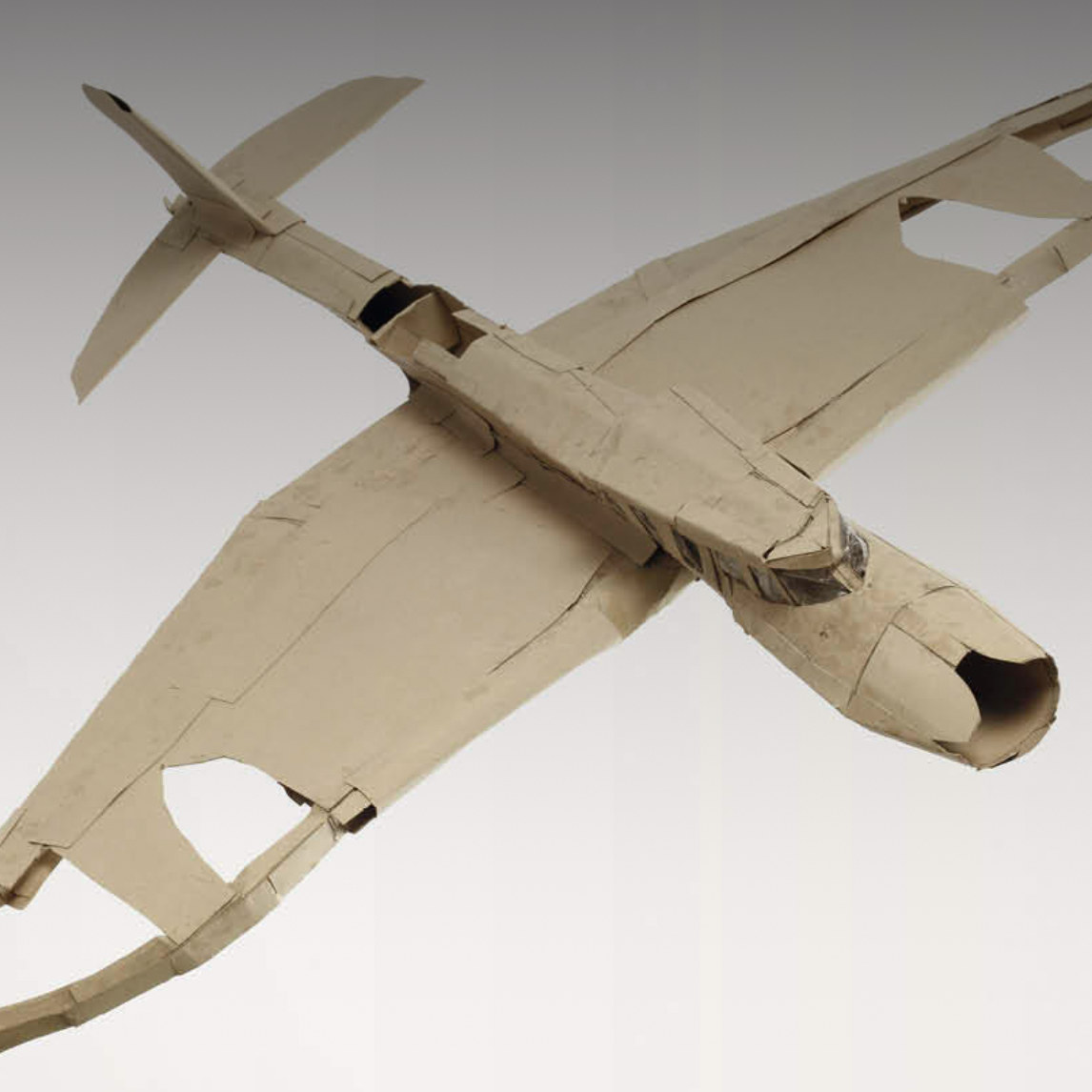 Ein Modellflugzeug aus Pappe mit ausgebreiteten Flügeln. Die Oberfläche wirkt uneben, die Kanten sind geknickt und geklebt. 