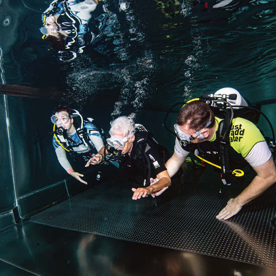 Ein Unterwasserfoto zeigt eine ältere Person und zwei jüngere Männer mit Tauchanzug und -brille, sowie Pressluftflasche unter Wasser am Grund eines...