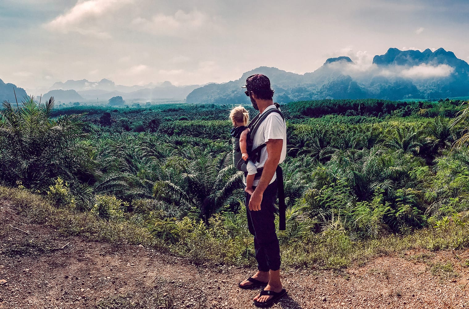 Ein Vater trägt sein Kleinkind in Tragegurten an der Brust und schaut von einer Anhöhe auf Bäume und Berge. Foto: Fabian Sixtus Körner
