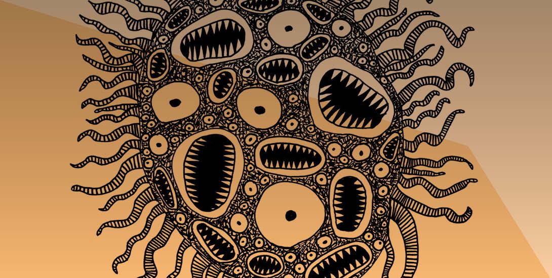 Eine abstrakte, organische Form mit vielen kleinen Augen und zahnartigen Öffnungen ist auf einem orangefarbenen Hintergrund dargestellt. Aus der Fo...