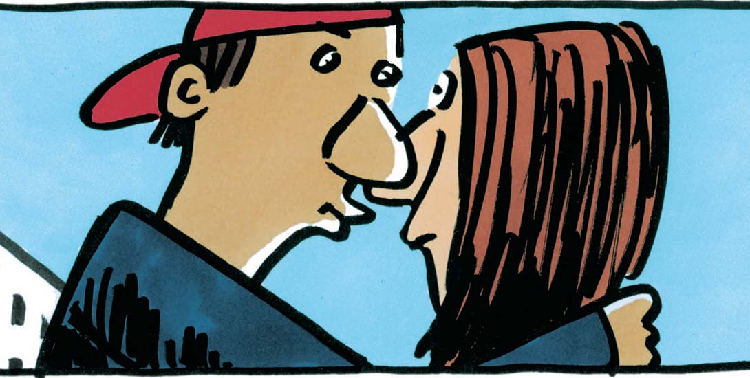 Eine Comiczeichnung zeigt einen Mann und eine Frau, die im Begriff sind, sich zu küssen.