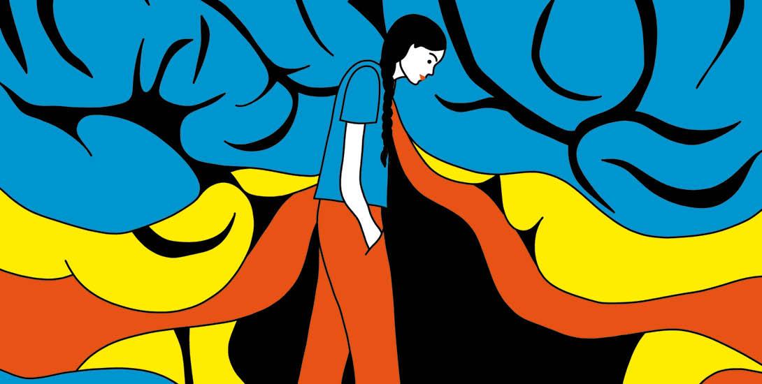 Eine gezeichnete Person mit schwarzem Haar, blauem Shirt und roten Hosen geht mit gesenktem Kopf durch eine abstrakte, bunte Umgebung. Blaue, gelbe...