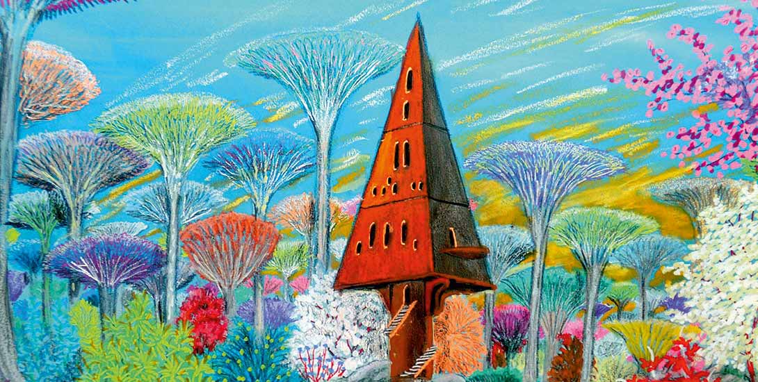 Eine rostrote Pyramide mit kleinen schmalen schwarzen Festern ragt in der Mitte des Bildes empor. Sie steht auf einem runden Pfahl, der von einer T...