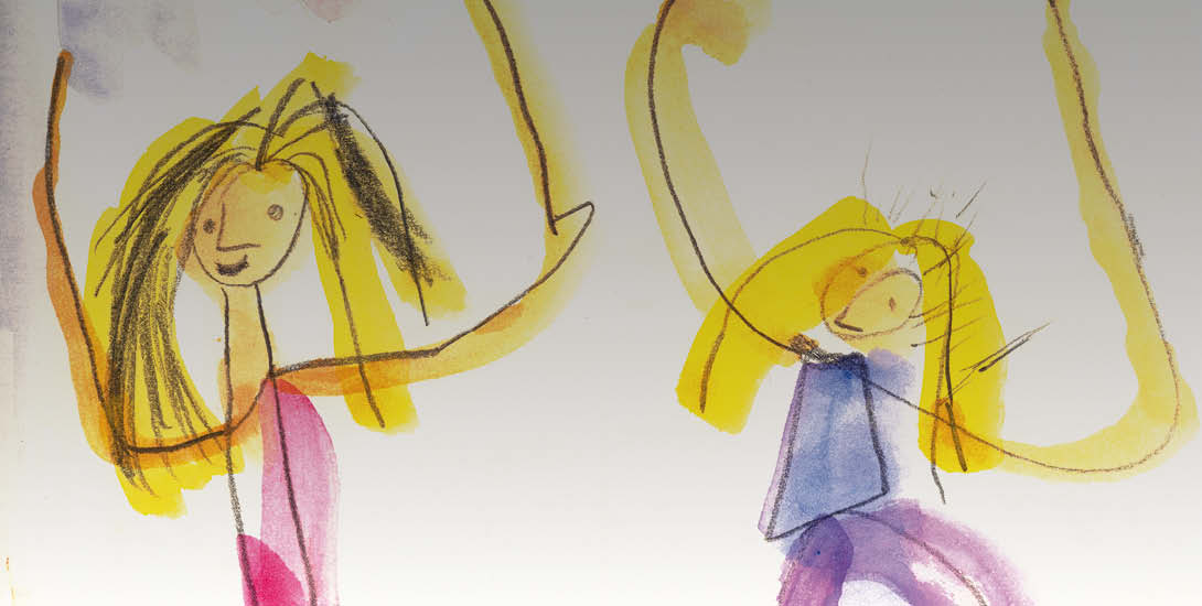 Eine Zeichnung zeigt zwei vereinfachte menschliche Figuren mit erhobenen Armen vor weißem Hintergrund. Die Figuren sind mit dunklen Linien skizzier...