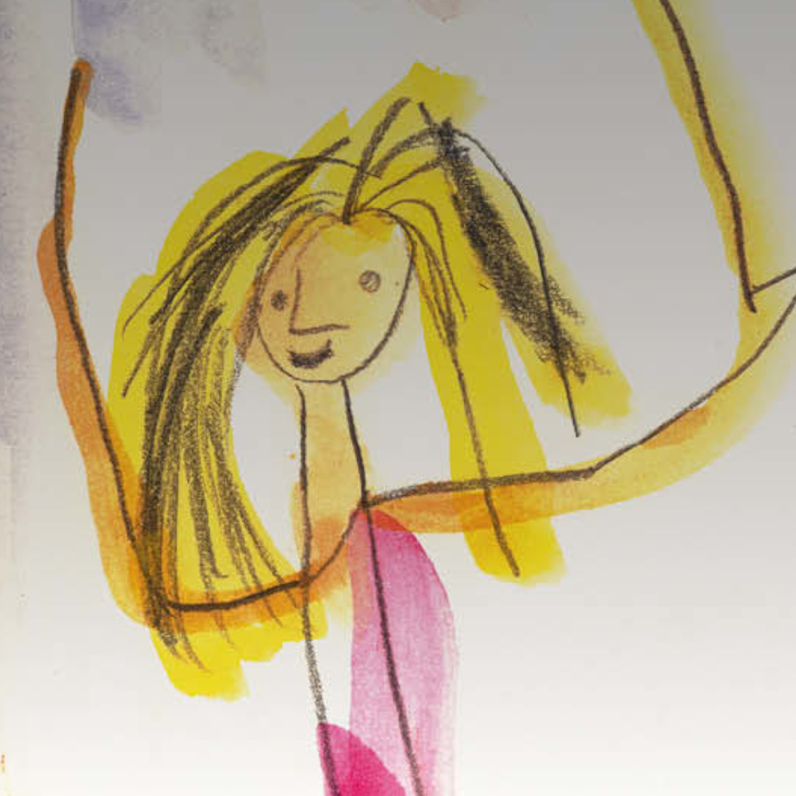 Eine Zeichnung zeigt zwei vereinfachte menschliche Figuren mit erhobenen Armen vor weißem Hintergrund. Die Figuren sind mit dunklen Linien skizzier...