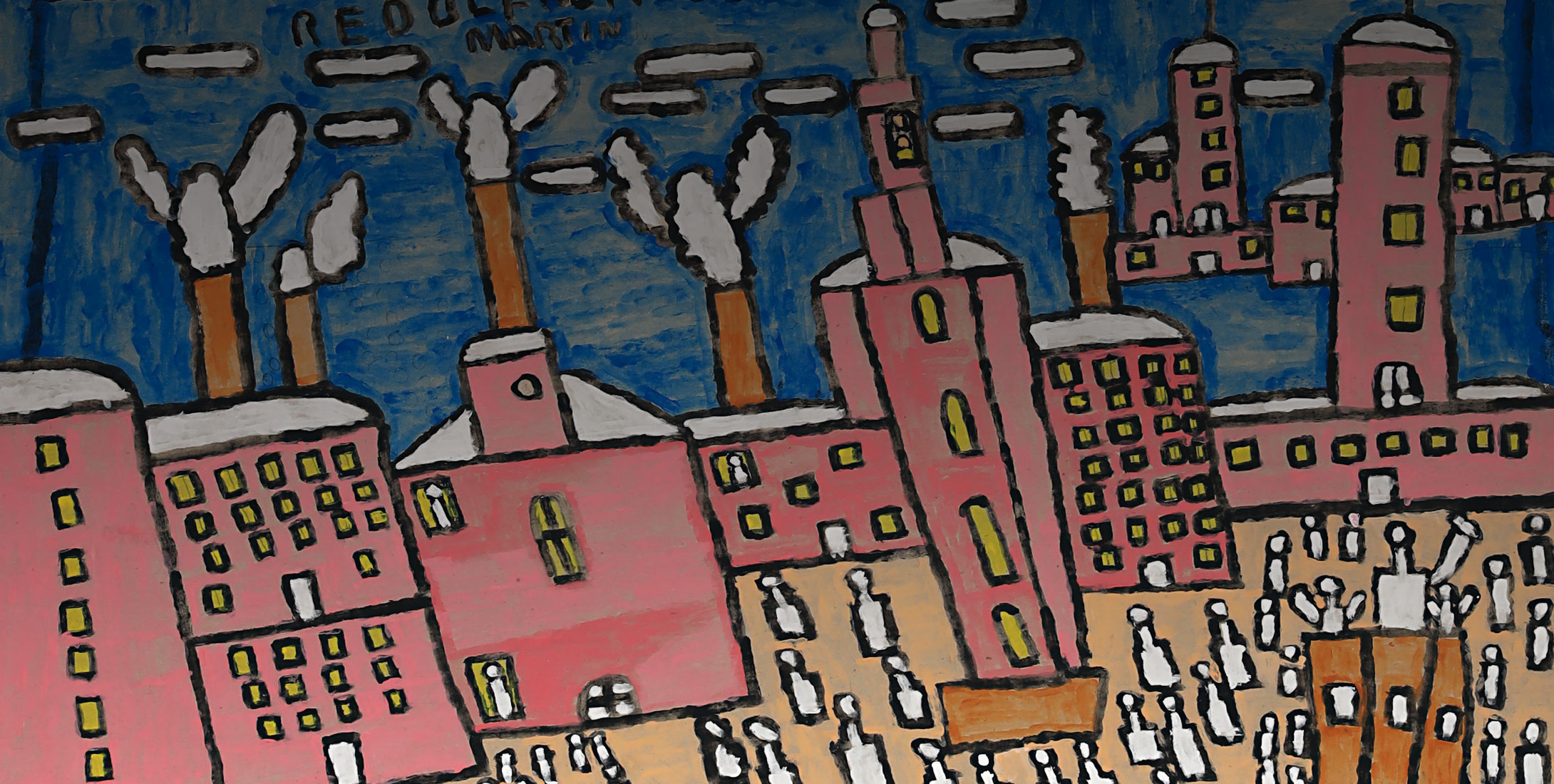 Gemaltes Bild mit mehreren rosa und braunen Gebäuden vor blauem Hintergrund. Im unteren Bereich sind viele kleine weisse Figuren zu sehen. Oben bef...