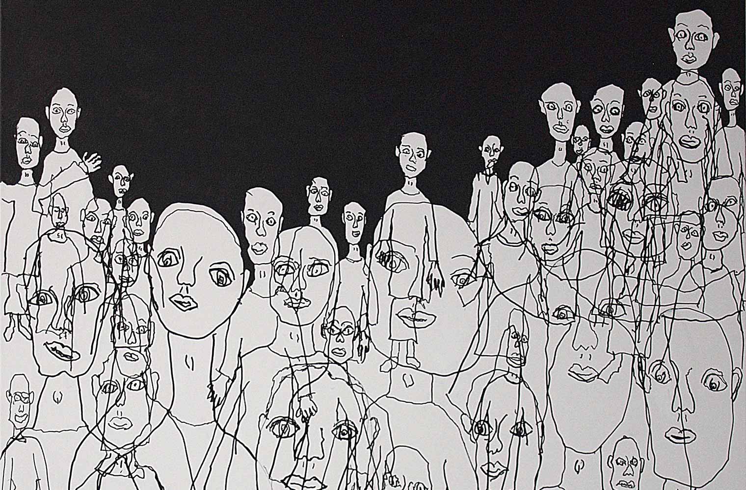 Grau gezeichnete Menschen in unterschiedlichen Größen stehen vor schwarzem Hintergrund neben- und hintereinander und schauen her.