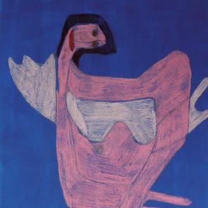 Eine gemaltes Bild: Eine abstrakte Person mit rosa Hautfarbe und reißen abstrakten Händen. Der Kopf wird nach hinten geneigt.