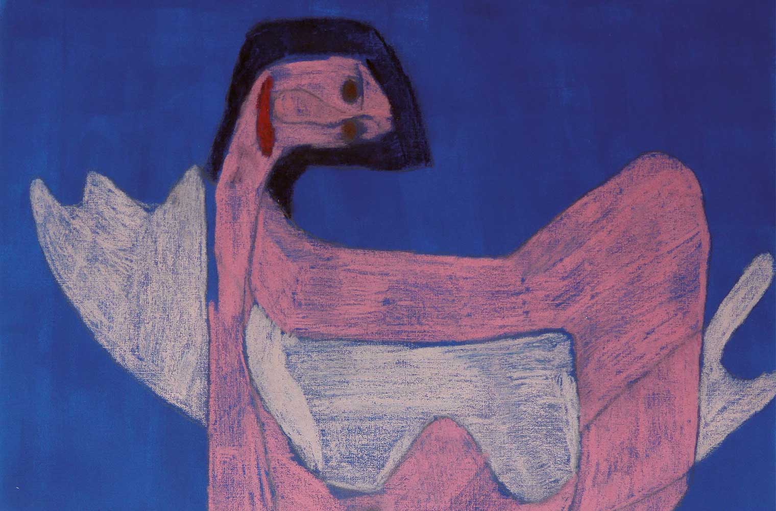 Eine gemaltes Bild: Eine abstrakte Person mit rosa Hautfarbe und reißen abstrakten Händen. Der Kopf wird nach hinten geneigt.