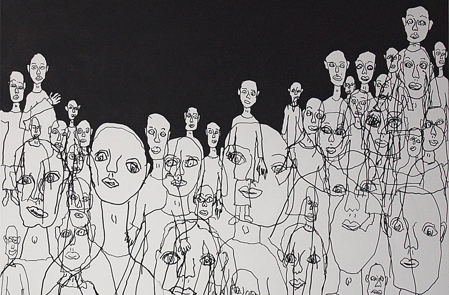 Viele gezeichnete Menschen stehen neben- und hintereinander. Sie blicken alle nach vorne. Der Hintergrund ist in schwarz gemalt. Viele gezeichnete Menschen stehen neben- und hintereinander. Sie blicken alle nach vorne. Der Hintergrund ist in schwarz gemalt.