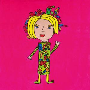 Ein kleines gezeichnetes blondes Mädchen. Sie trägt ein Kleid mit einem Spielzeugmuster. Auch auf ihren Haaren finden sich Spielzeuge. Der Hintergrund ist in knalligem Pink. 
