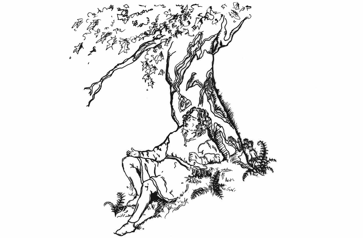 Ein schwarz gemachter Baum vor dem ein Mann mit mittelalterlicher Kleidung liegt. Der Mann hat lange Haare. Am Fuße des Baumes findet man noch vereinzelte Farne. 