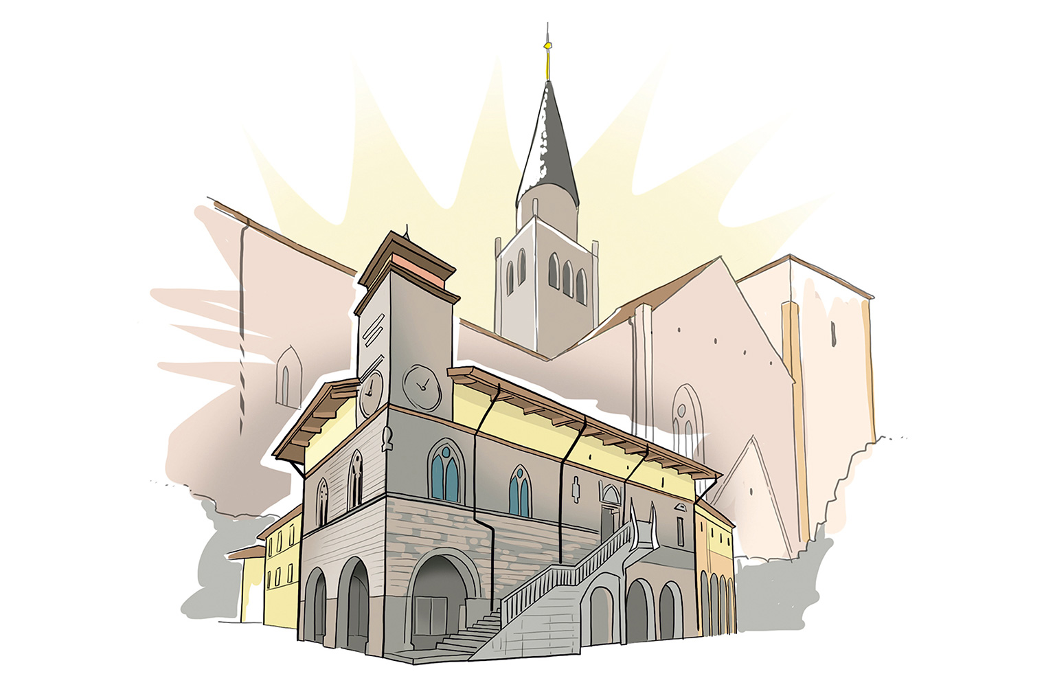 Eine gemalte Zeichnung. Eine Kirche im Hintergrund und weitere graue Gebäude. Im Vordergrund ein graues Gebäude, das einem Rathaus mit Uhr ähnelt.
