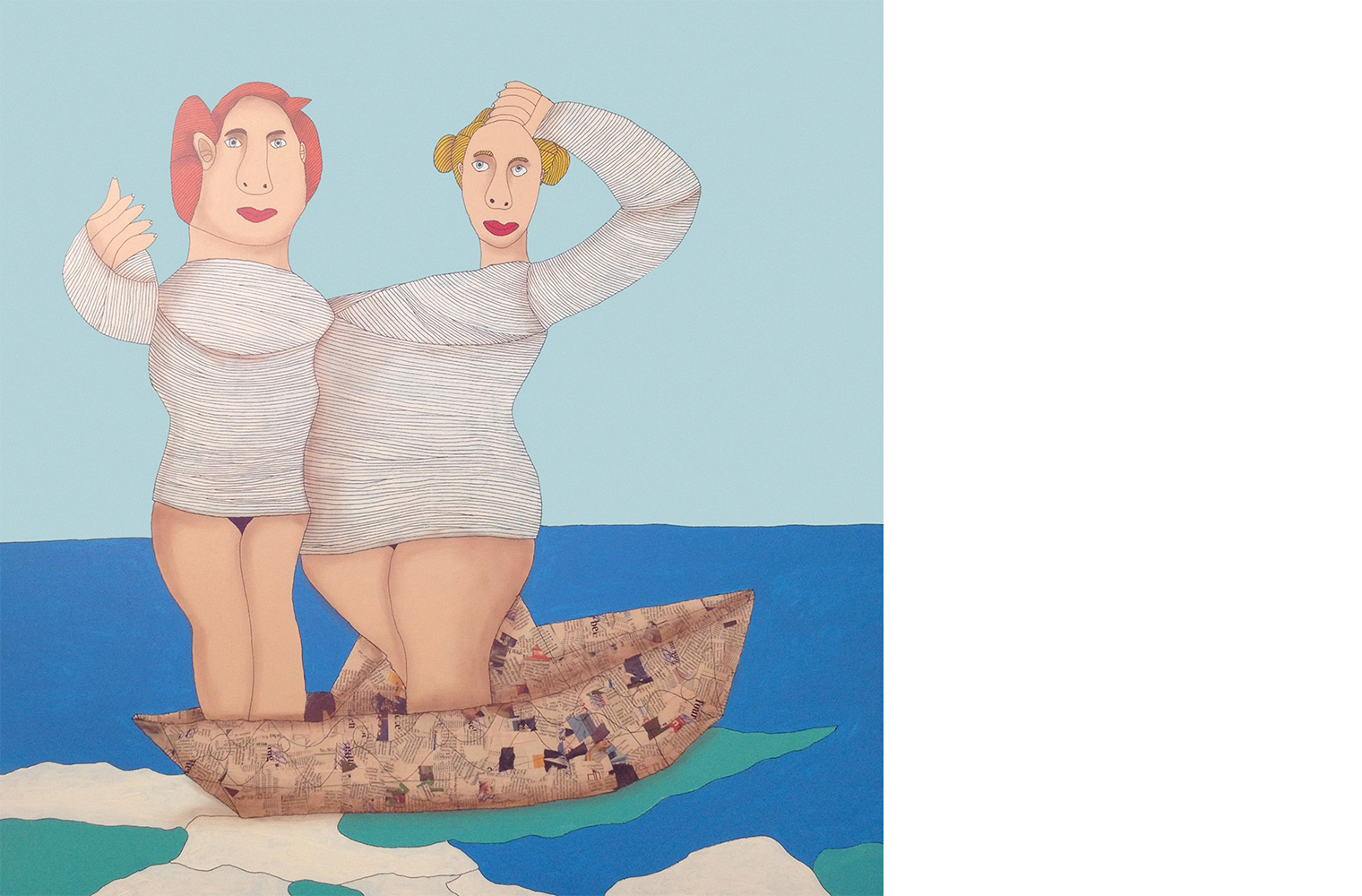 Ein gemaltes Bild: Eine Frau mit roten Haaren und eine blonde Frau auf der rechten Seite. Sie beide haben eine graues enges Kleid an. Die Beine sind frei. Sie stehen auf einem Boot im Ozean. Das Meer ist blau und der Himmel hellblau. 