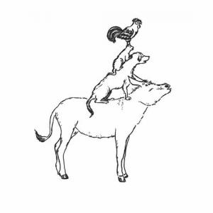 Eine schwarz-weiße Illustration. Ein Hahn steht auf einem Kater. Der Kater wiederum auf einem Hund und der Hund auf einem Esel. 