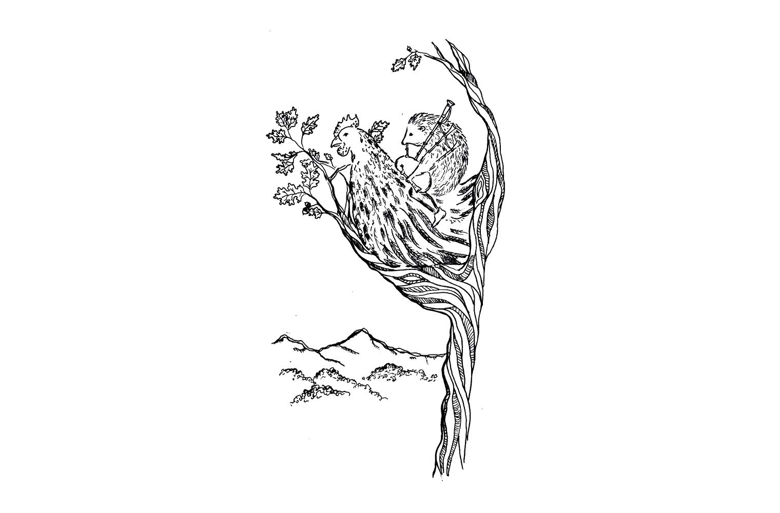 Ein schwarz-weiß gemaltes Bild. Auf einem Ast sitzt ein Hahn und auf dem sitzt ein Igel, der einen kleinen Dudelsack hält. Im Hintergrund sieht man Berge. Ein schwarz-weiß gemaltes Bild. Auf einem Ast sitzt ein Hahn und auf dem sitzt ein Igel, der einen kleinen Dudelsack hält. Im Hintergrund sieht man Berge.