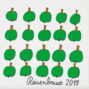 Eine Grafik mit mehreren Reihen von einfach gezeichneten grünen Äpfeln mit braunen Stielen auf einem weißen Hintergrund, unten signiert mit "Reisenbauer 2019".