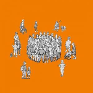 Eine grafische Darstellung einer diversen Gruppe von Menschen auf orangefarbenem Hintergrund. Die Gruppe besteht aus verschiedenen Personen, darunter sind Kinder, Erwachsene, eine Person im Rollstuhl, und sogar ein Hund. Die Personen sind in Schwarz-Weiß gezeichnet und stehen in einer kreisförmigen Anordnung.