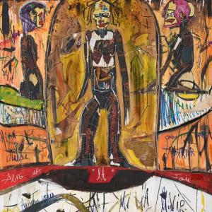 Das Bild zeigt ein großformatiges Triptychon in kräftigen Farben, das stilisierte menschliche Figuren und abstrakte Formen darstellt. Die mittlere Figur steht aufrecht und wird von zwei seitlichen Figuren umrahmt, während dynamische Linien und Schriftzüge das gesamte Werk durchziehen. Die Komposition wirkt energetisch und komplex, mit vielen Details, die auf Bewegung und Ausdrucksstärke hinweisen.