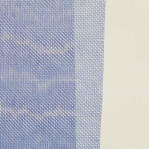Eine abstrakte Grafik mit einem weißen und einem blauen Bereich, wobei der blaue Teil aus einem engmaschigen Gittermuster besteht. Die rechte Seite ist einfarbig beige und bildet einen starken Kontrast zum detaillierten Muster links. Die Darstellung wirkt minimalistisch und geometrisch.