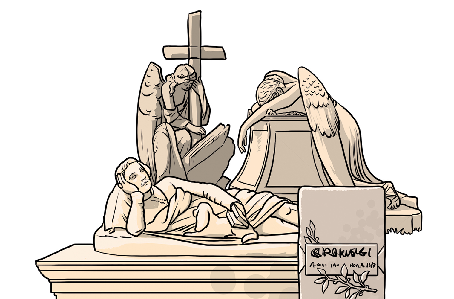 Karikatur von einem Grabstein am nichtkatholischen Friedhof in Rom