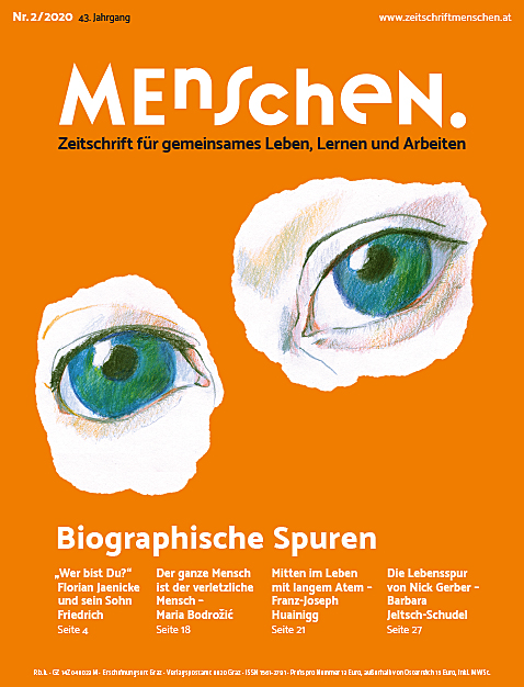 Titelbild der Zeitschrift BEHINDERTE MENSCHEN, Ausgabe 2/2020 "Biographische Spuren"