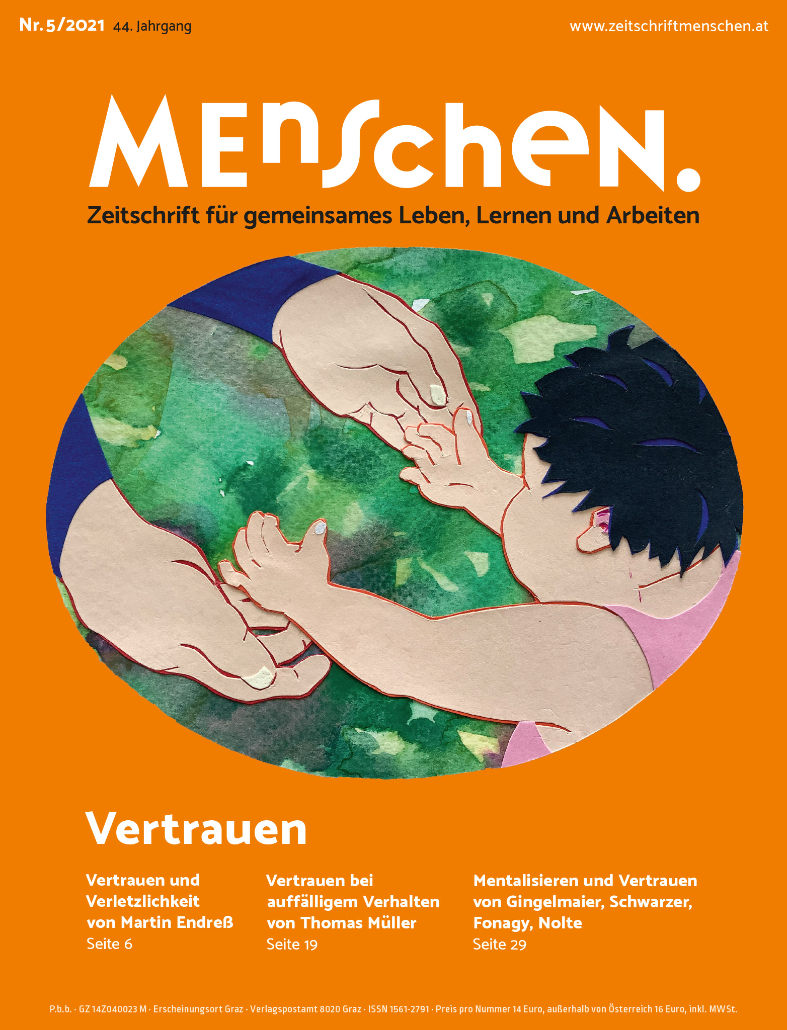 Titelbild der Zeitschrift BEHINDERTE MENSCHEN, Ausgabe 5/2021 "Vertrauen"