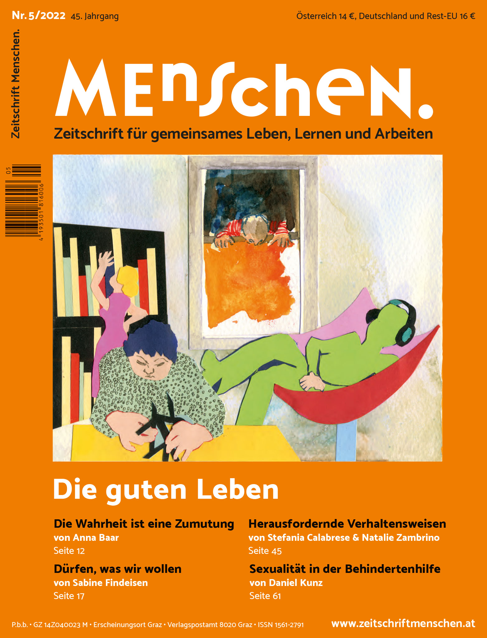 Titelbild der Zeitschrift BEHINDERTE MENSCHEN, Ausgabe 5/2022 "Die guten Leben"