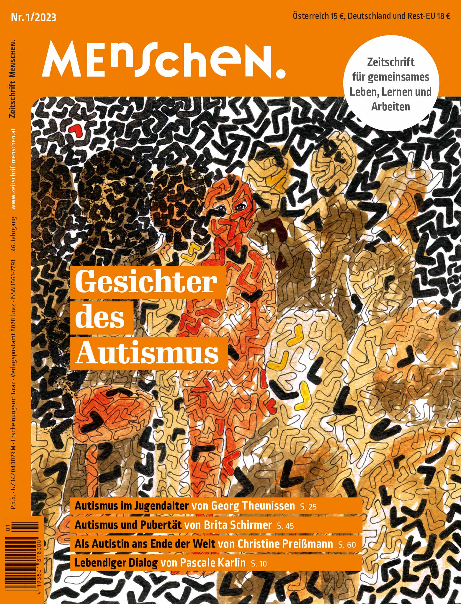 Titelbild der Zeitschrift BEHINDERTE MENSCHEN, Ausgabe 1/2023 "Gesichter des Autismus"